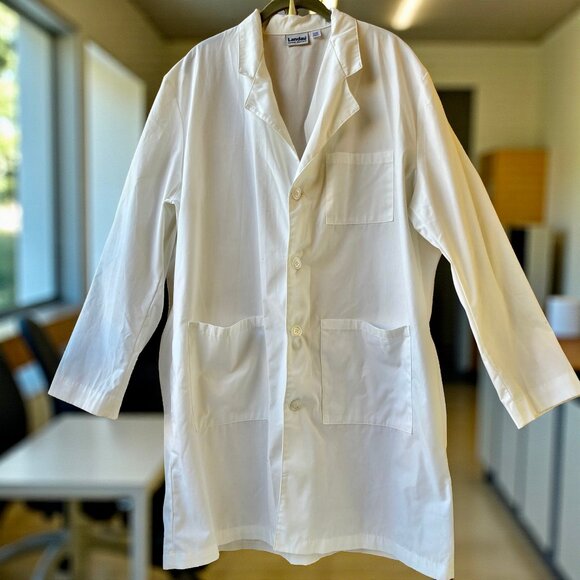 Landau White Lab Coat Notch Collar Button Front 3 Pockets HAND HOLE mens large - Picture 10 of 11